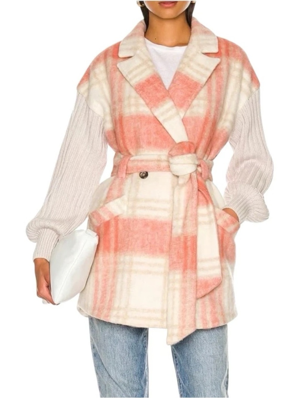 Cinq à Sept Aretha Plaid Wool Blend Belted Coat Pink Cream Ribbed Sleeve L Chic